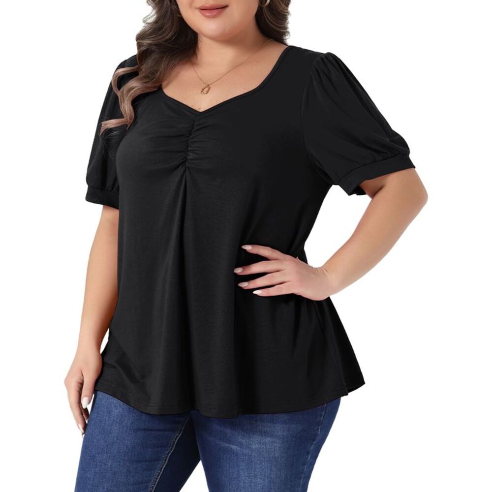 Women Plus Size Summer Tops Sweetheart Neck Puff Sleeve Blouse Black